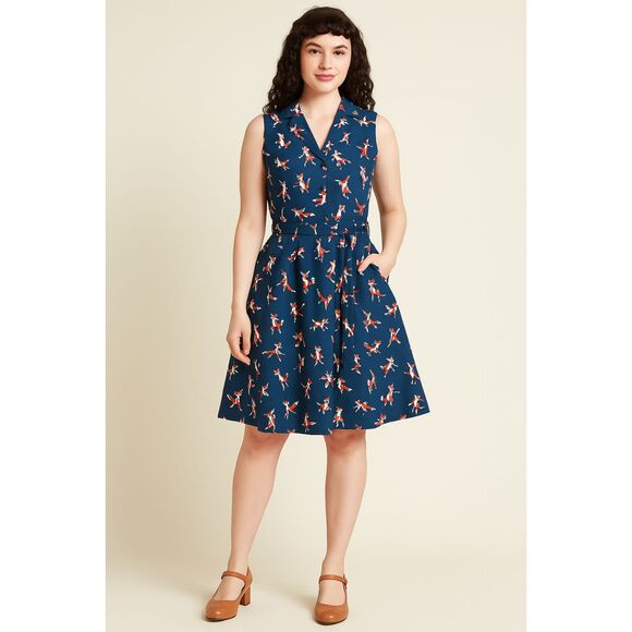 ModCloth Blue Fox Animal Pattern Summer Retro Sleeveless Dress Women's Size 2 - Picture 1 of 11